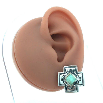 Native American 925 Sterling Silver Green Turquoise Concho Cross Clip On Earring