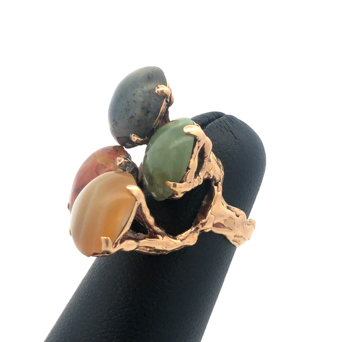 Retro Custom 14K Yellow Gold Jade Agate Jasper Protection Strength Courage Ring