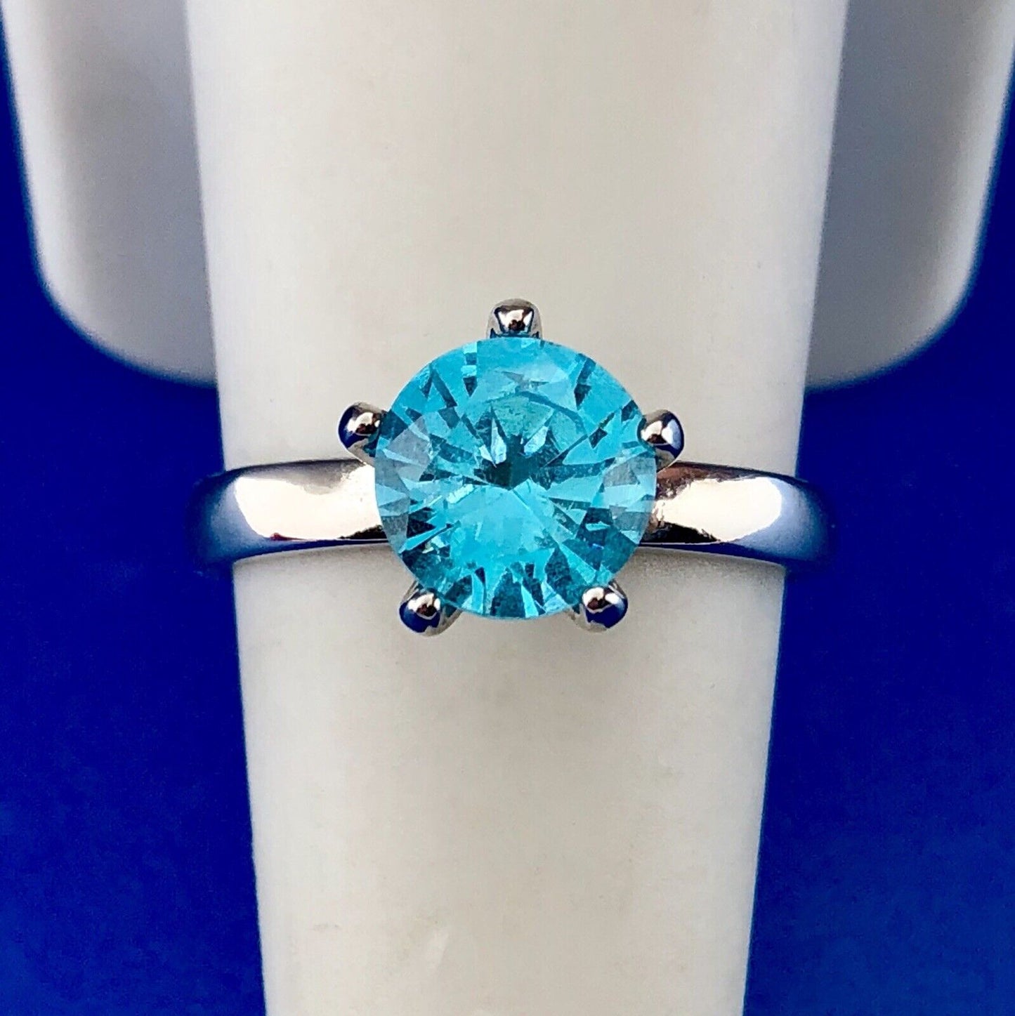 Stunning 925 Sterling Silver Aqua Blue Cubic Zirconia Solitaire Promise Ring