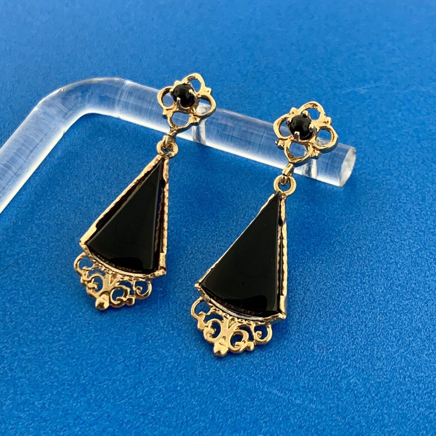 Art Nouveau Art Deco 14K Yellow Gold Black Onyx Scroll Drop Dangle Earrings