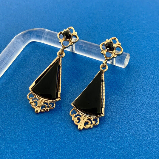 Art Nouveau Art Deco 14K Yellow Gold Black Onyx Scroll Drop Dangle Earrings