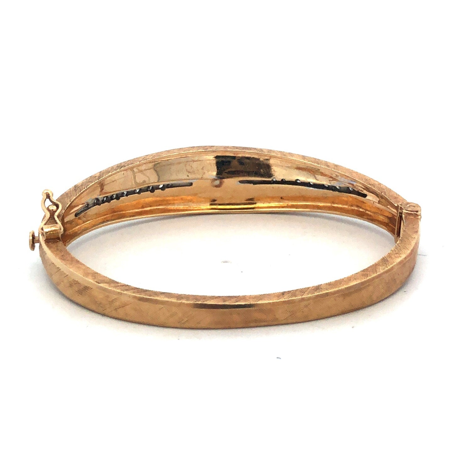 Vintage 14K Yellow Gold Round Diamond Flower Textured Hinged Bangle