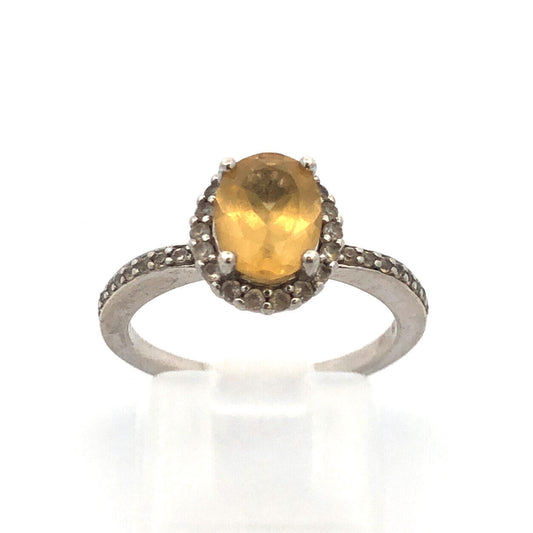 Designer DK 925 Sterling Silver Oval Citrine Diamond Accented Cocktail Ring