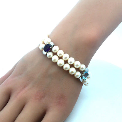 Vintage 925 Sterling Silver Blue Topaz Amethyst Garnet Pearl Beaded Bracelet