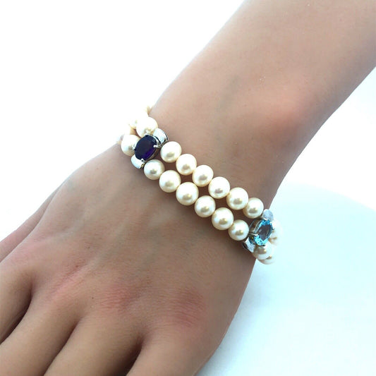 Vintage 925 Sterling Silver Blue Topaz Amethyst Garnet Pearl Beaded Bracelet