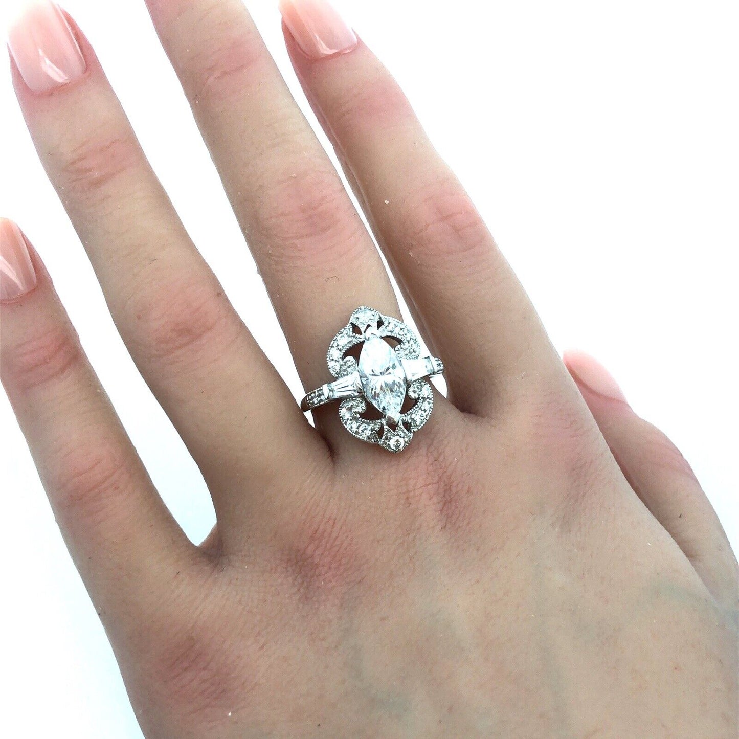 Designer MEDA 14K White Gold Cubic Zirconia Solitaire W/Accents Statement Ring