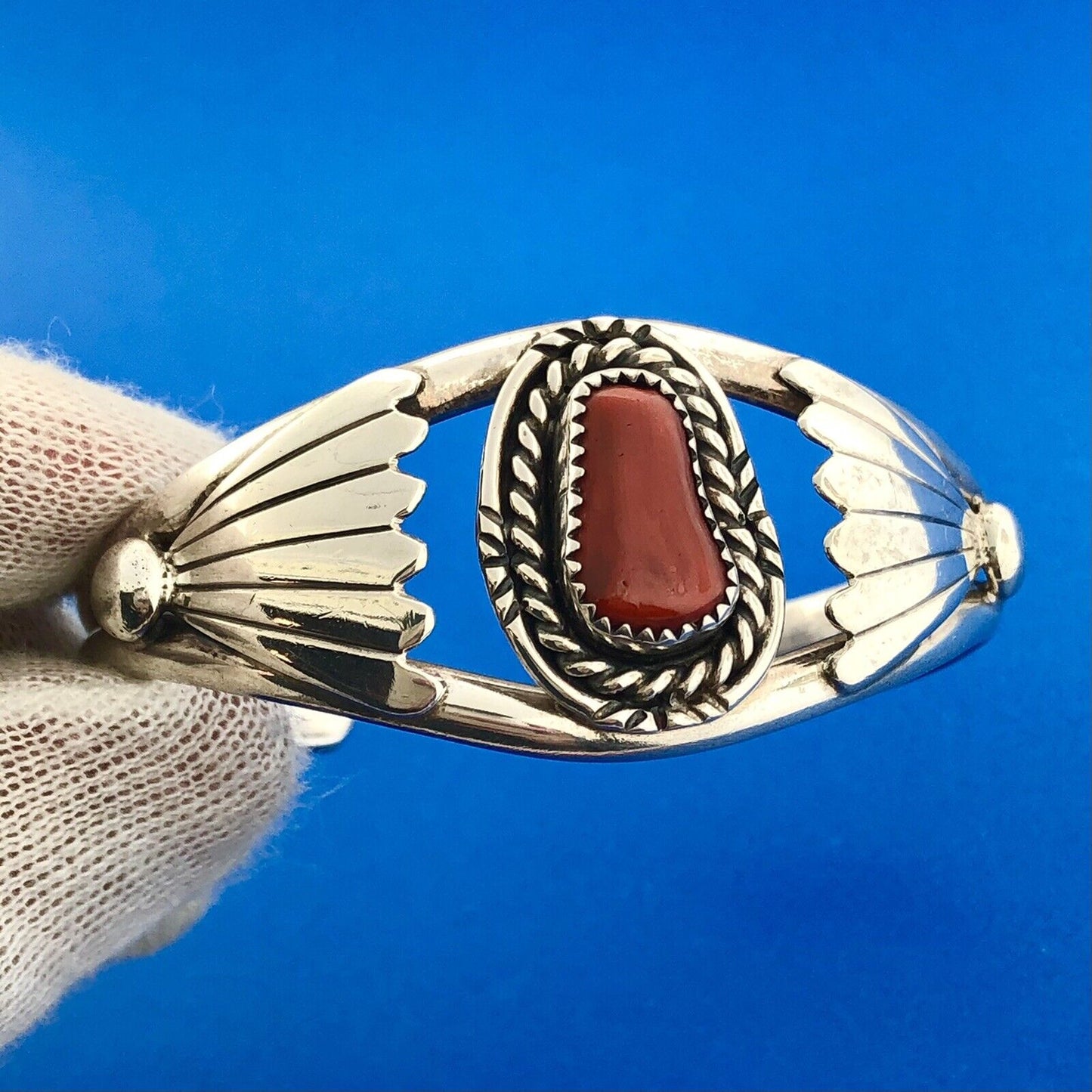 Designer BAH Sterling Silver 925 Cabochon Coral Native American 6" Cuff Bracelet