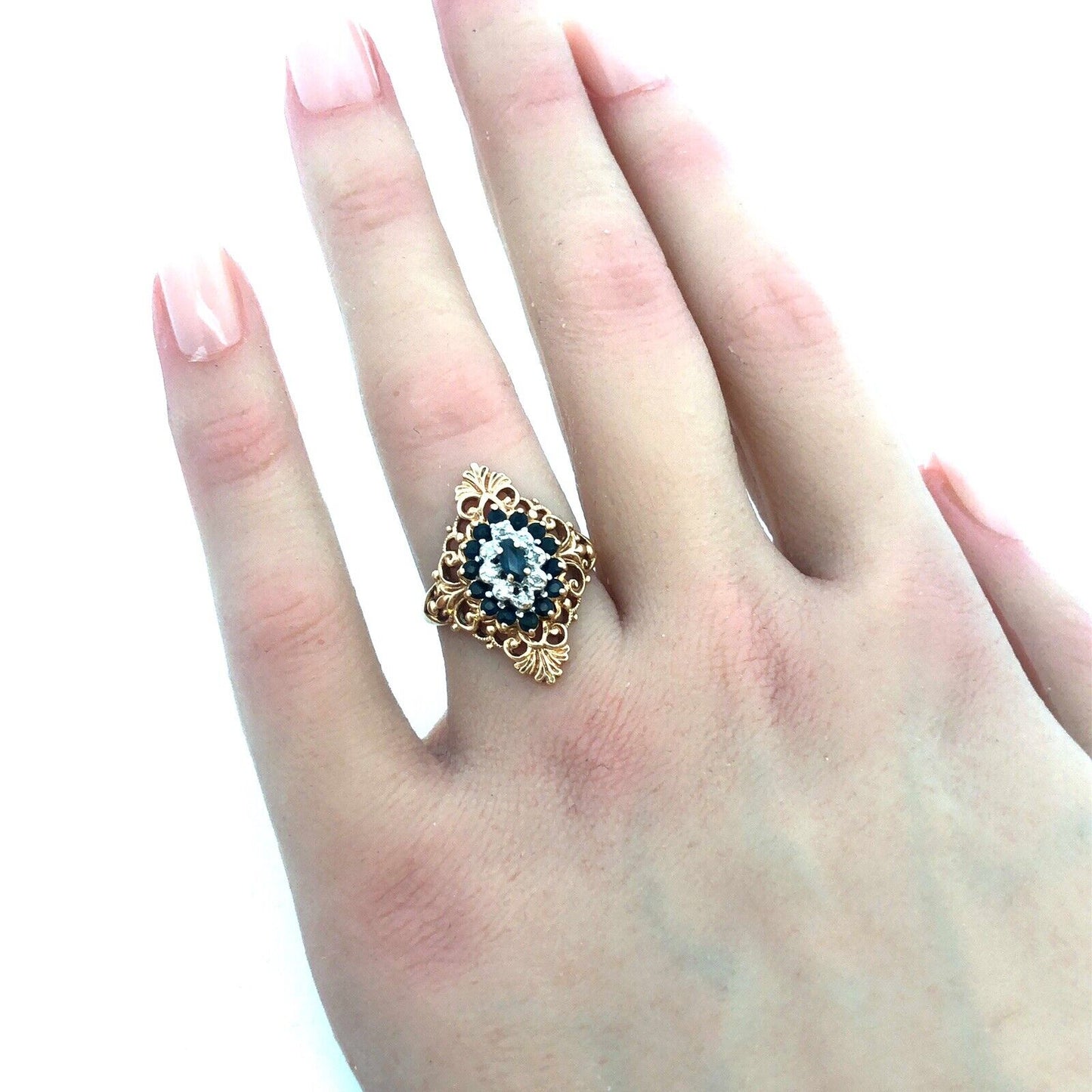 Designer 10K Yellow Gold Blue Sapphire Diamond Sapphire Accent Cocktail Ring
