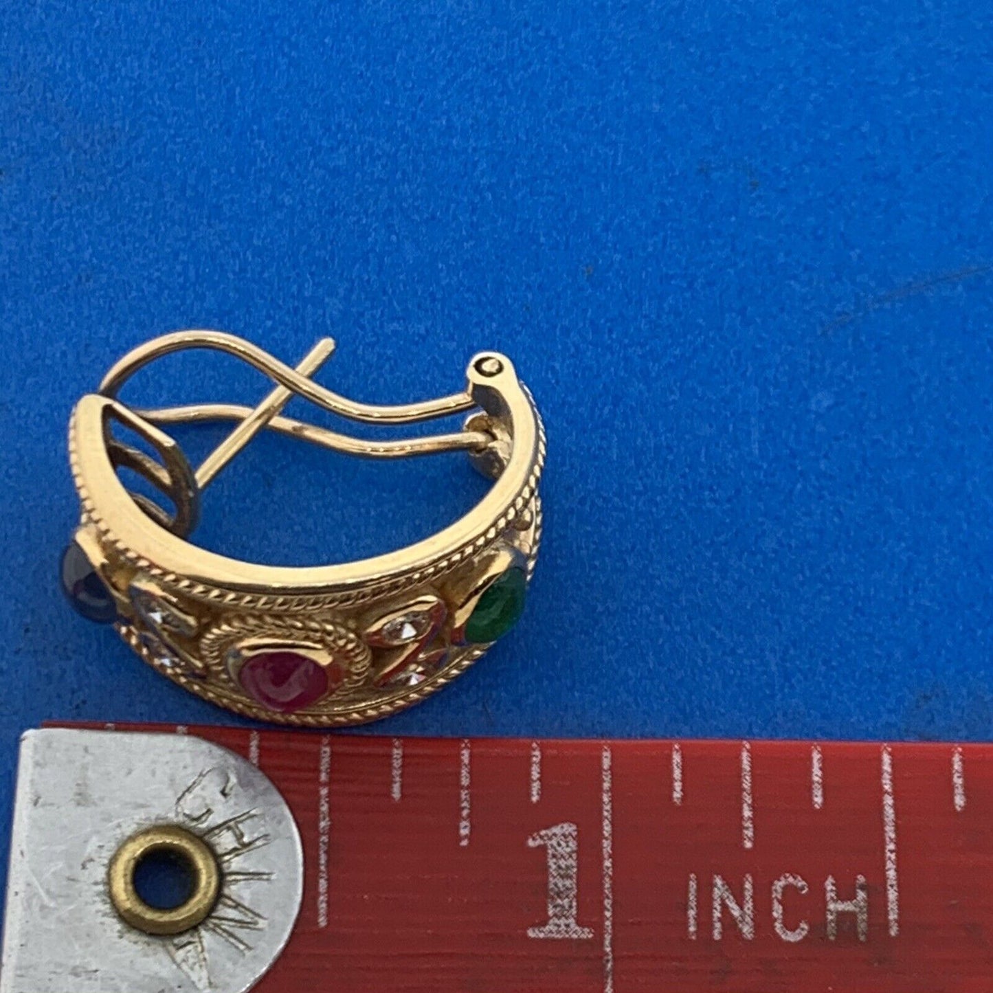 14K Yellow Gold Ruby Sapphire Emerald Diamond Statement Omega Back Earrings