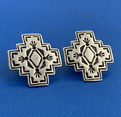 Raymond Corib 925 Sterling Silver Kewa Storyteller Concho Stud Earrings