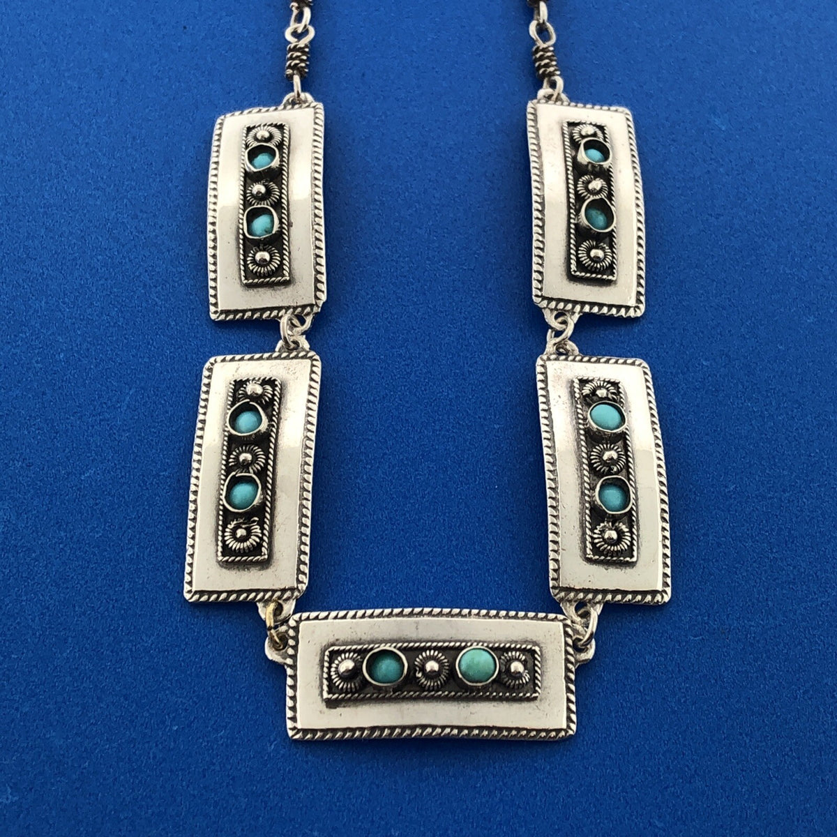 Stunning Sterling Silver 925 Cabochon Turquoise Rectangle Panel 17.5" Necklace