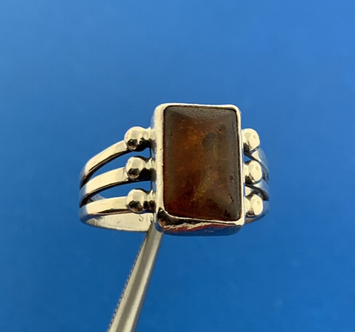 925 Sterling Silver Amber Rectangle Cabochon Cocktail Ring