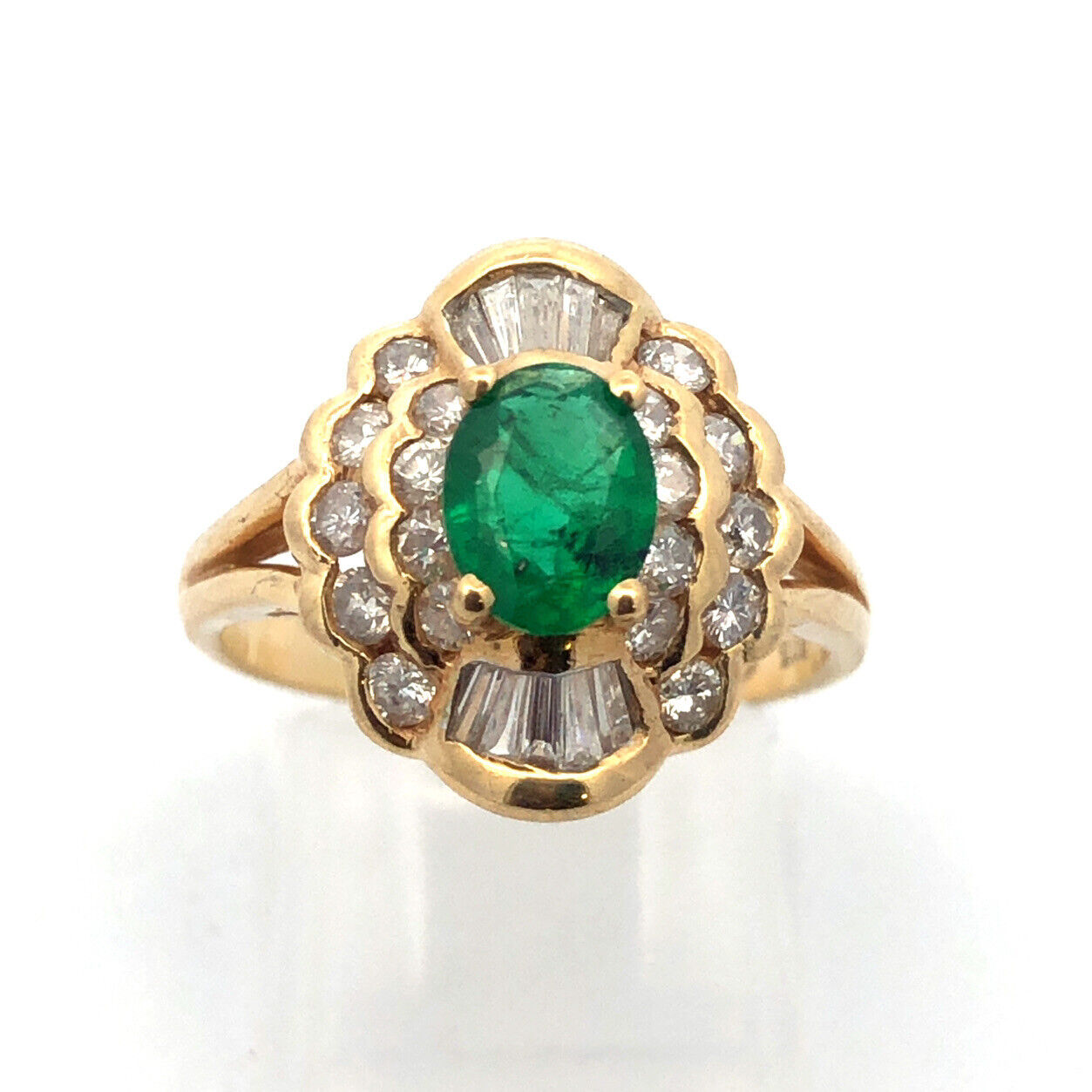Estate 14K Yellow Gold Oval Emerald Diamond Double Halo Statement Cocktail Ring