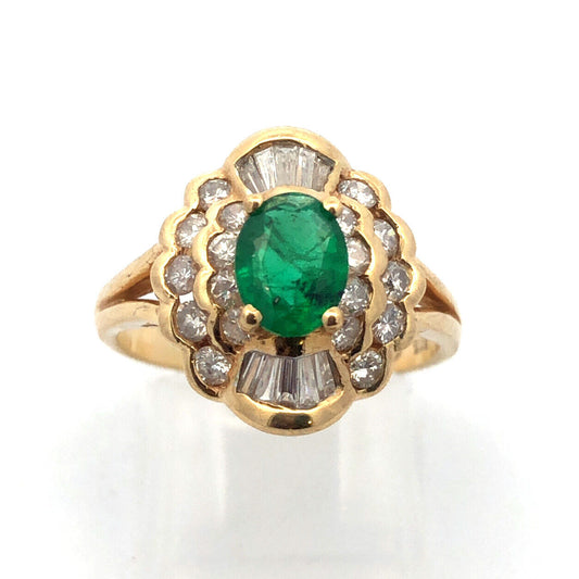 Estate 14K Yellow Gold Oval Emerald Diamond Double Halo Statement Cocktail Ring