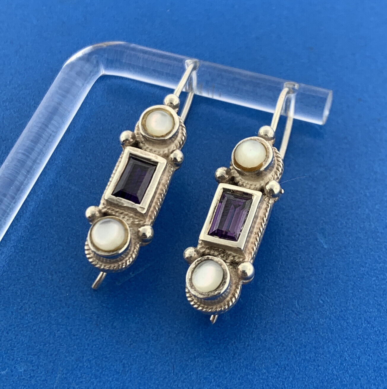 Designer Sterling Silver Amethyst Mother Of Pearl February Slide Hook Earrings