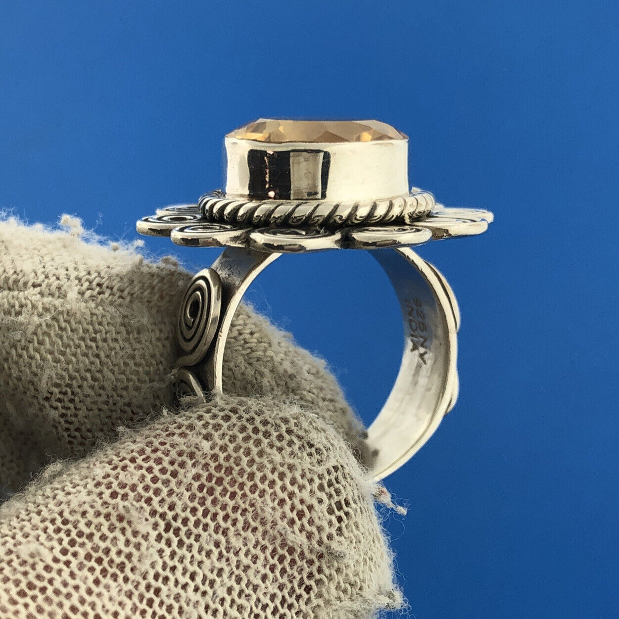 Designer NV India Sterling Silver 925 Round Citrine Flower Scroll Cocktail Ring