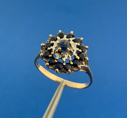 14K Yellow Gold Sapphire Diamond September Anniversary Empire Cluster Ring