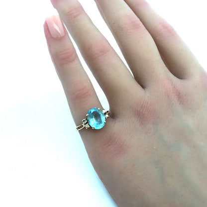 Elegant 14K Yellow Gold Blue Topaz Diamond Cocktail December Anniversary Ring