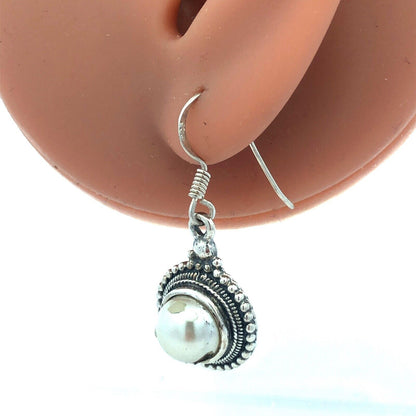 Vintage 925 Sterling Silver Round Pearl Beaded Detail Hook Dangle Earrings