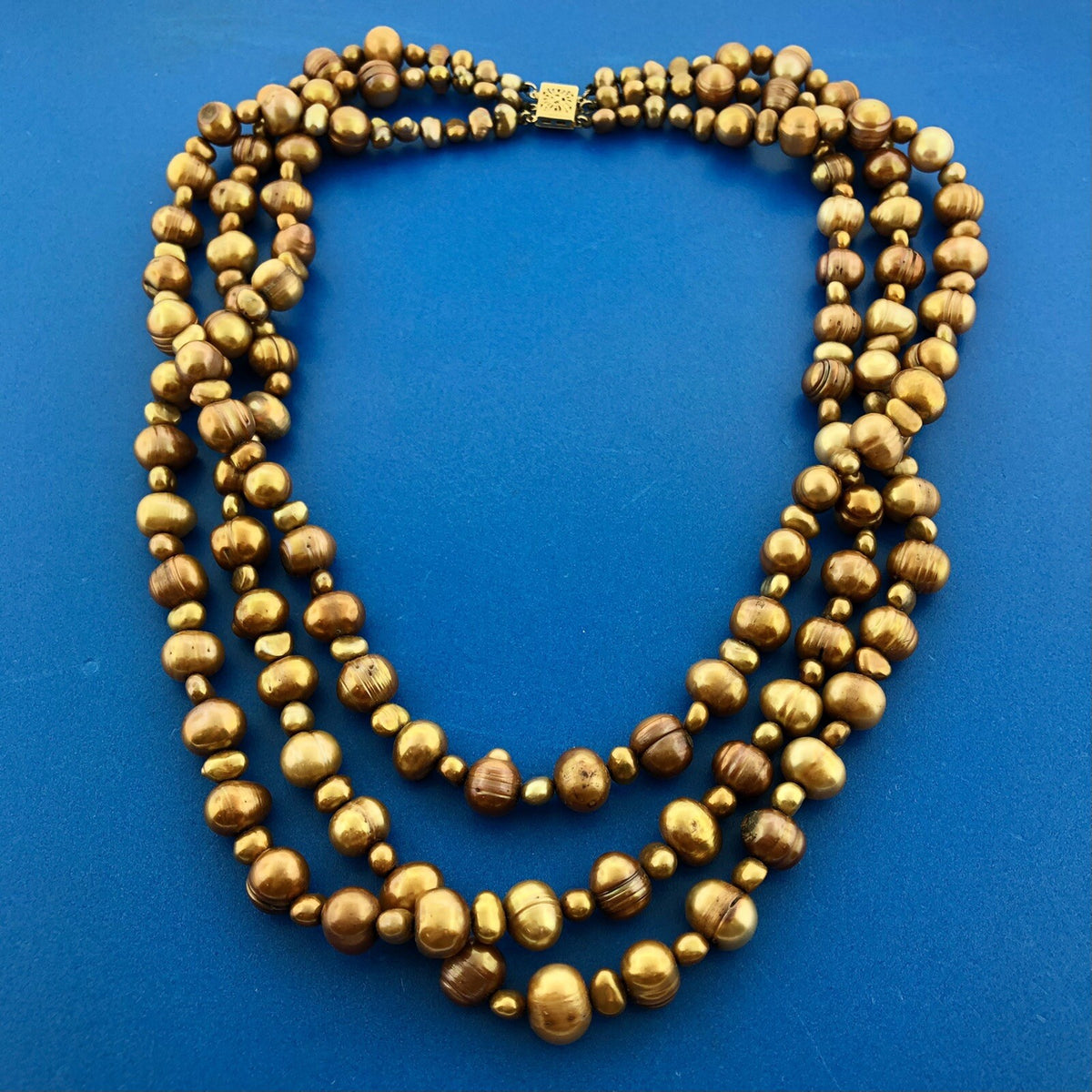 PJS 14K Yellow Gold Bronze Copper Pearl 3 Tier Drop Statement Necklace