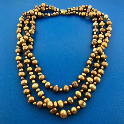PJS 14K Yellow Gold Bronze Copper Pearl 3 Tier Drop Statement Necklace