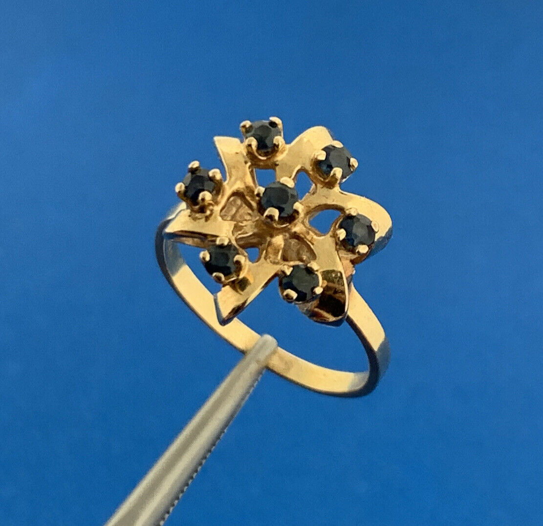 Vintage 14K Yellow Gold London Blue Topaz Starburst December Anniversary Ring