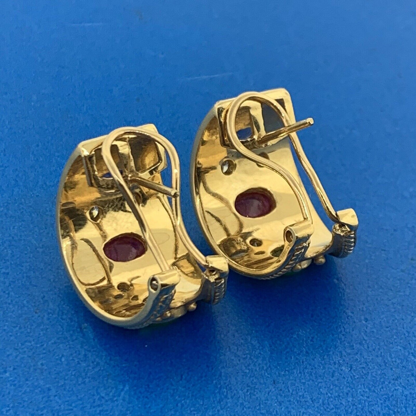 14K Yellow Gold Ruby Sapphire Emerald Diamond Statement Omega Back Earrings