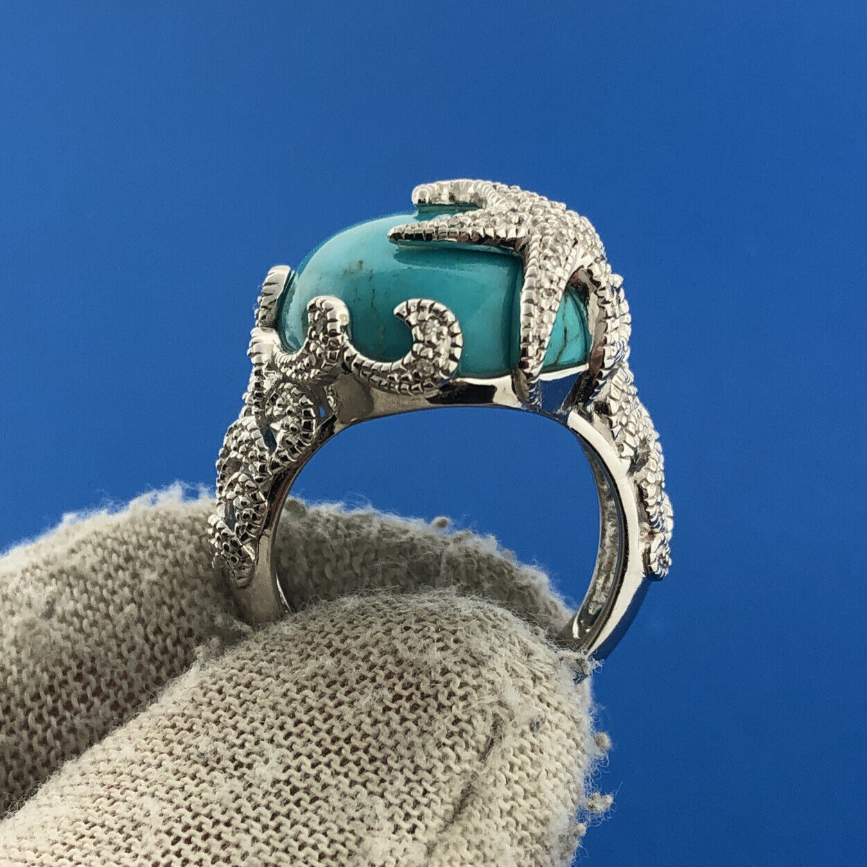 Designer EA Sterling Silver Turquoise Diamond Starfish Statement Cocktail Ring