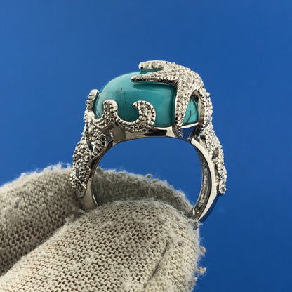 Designer EA Sterling Silver Turquoise Diamond Starfish Statement Cocktail Ring