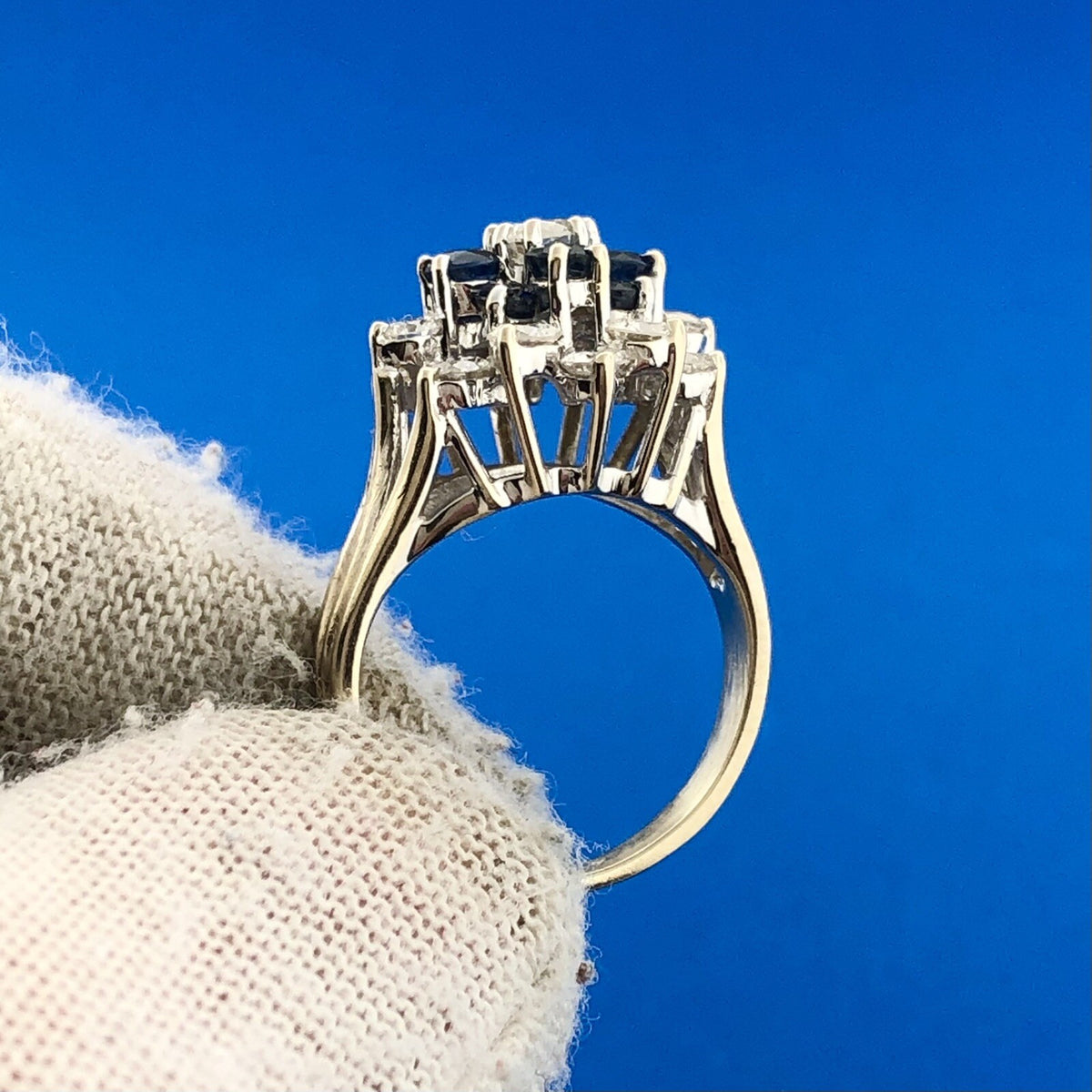 Gorgeous 14k White Gold Round Diamond Sapphire Towering Cluster Ring Size 2.75