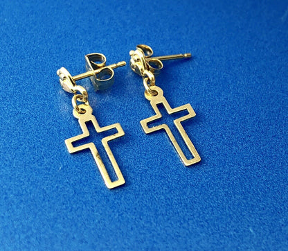 Retro 14K Yellow Gold Cross Cutout Religious Communion Dangle Stud Earrings