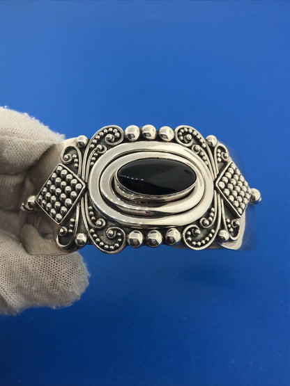 Designer BA Suarti Sterling Silver Black Onyx Balinese Statement Cuff Bracelet