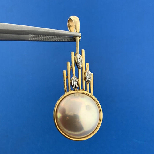 Vintage 14K Yellow Gold Mabe Pearl Diamond Accented Modernist Enhancer Pendant