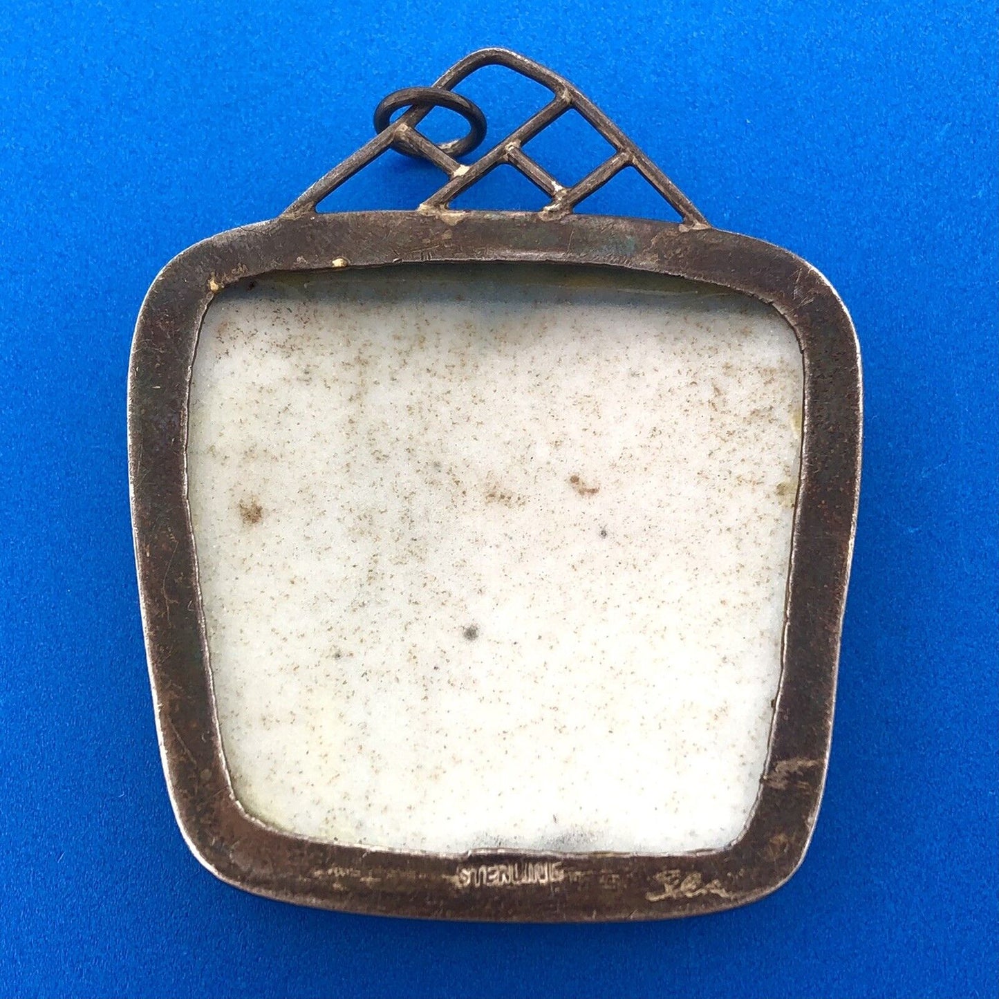 Vintage Artisan Signed 925 Sterling Silver Blue White Pottery Statement Pendant