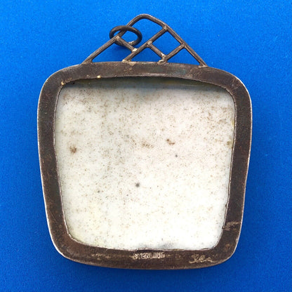 Vintage Artisan Signed 925 Sterling Silver Blue White Pottery Statement Pendant