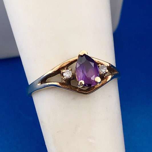 Vintage 10k Yellow Gold Pear Cut Purple Sapphire Diamond Accents Cocktail Ring