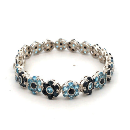 Designer 925 Sterling Silver Round Blue Topaz Sapphire Floral Tennis Bracelet