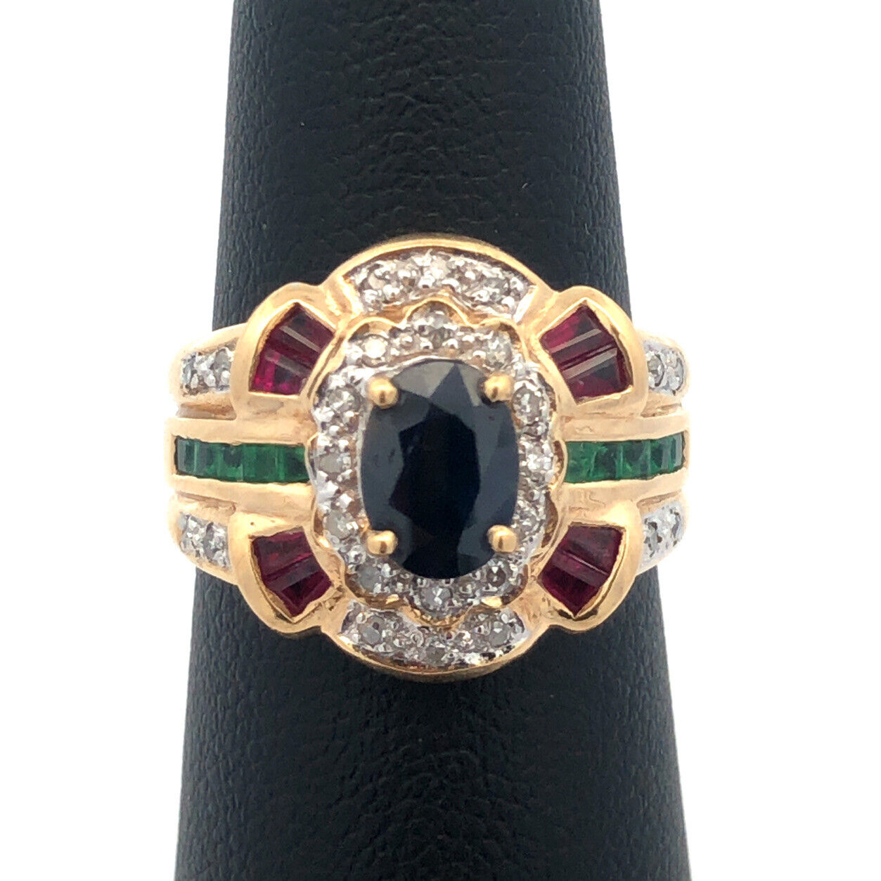 Designer 14K Yellow Gold Oval Blue Sapphire Emerald Ruby Diamond Accented Ring