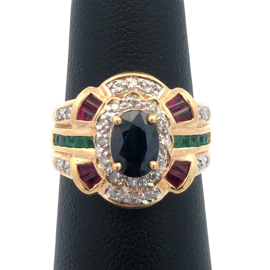 Designer 14K Yellow Gold Oval Blue Sapphire Emerald Ruby Diamond Accented Ring