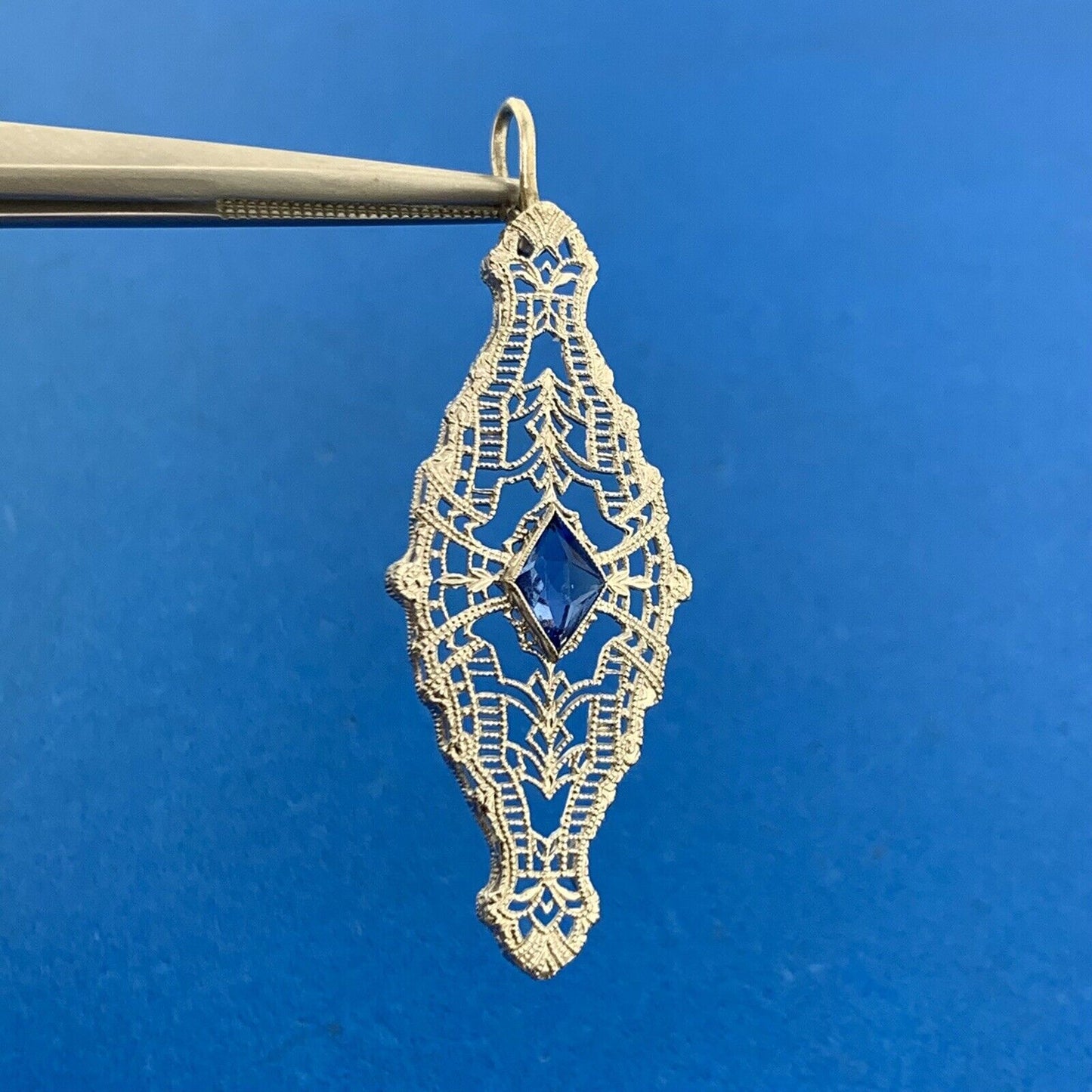 10K White Gold Blue Glass Filigree Statement Pendant