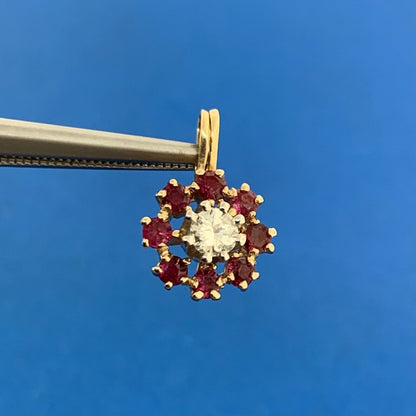 14K Yellow Gold Diamond Ruby Halo Flower Drop Pendant