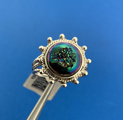 Designer RGN 925 Sterling Silver Druzy Quartz Round Cabochon Solitaire Ring NWT