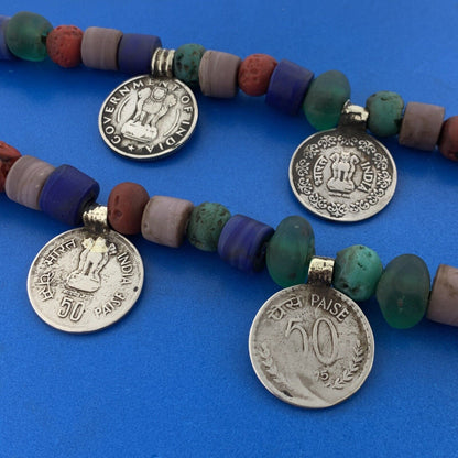 Mid Century Bakelite Art Glass Carved Cinnabar Beaded India Coinage Necklace
