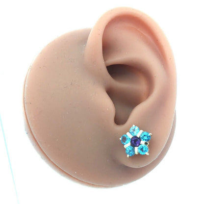 Estate 14K Yellow Gold Blue Topaz Amethyst Flower Statement Stud Earrings