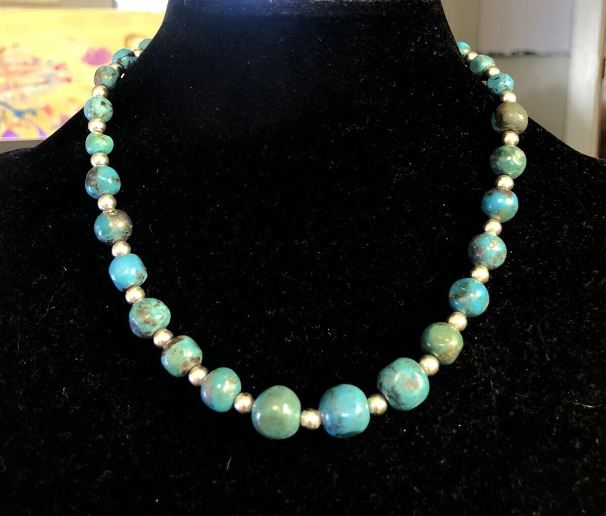 Native American Carolyn Pollack 925 Sterling Silver Turquoise Beaded Necklace