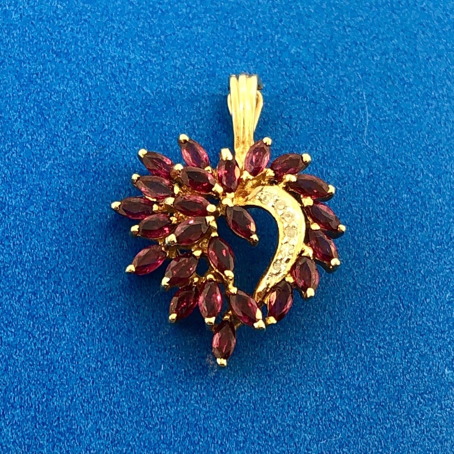 Gorgeous 14k Yellow Gold Marquise Cut Ruby Diamond Loving Open Heart Pendant