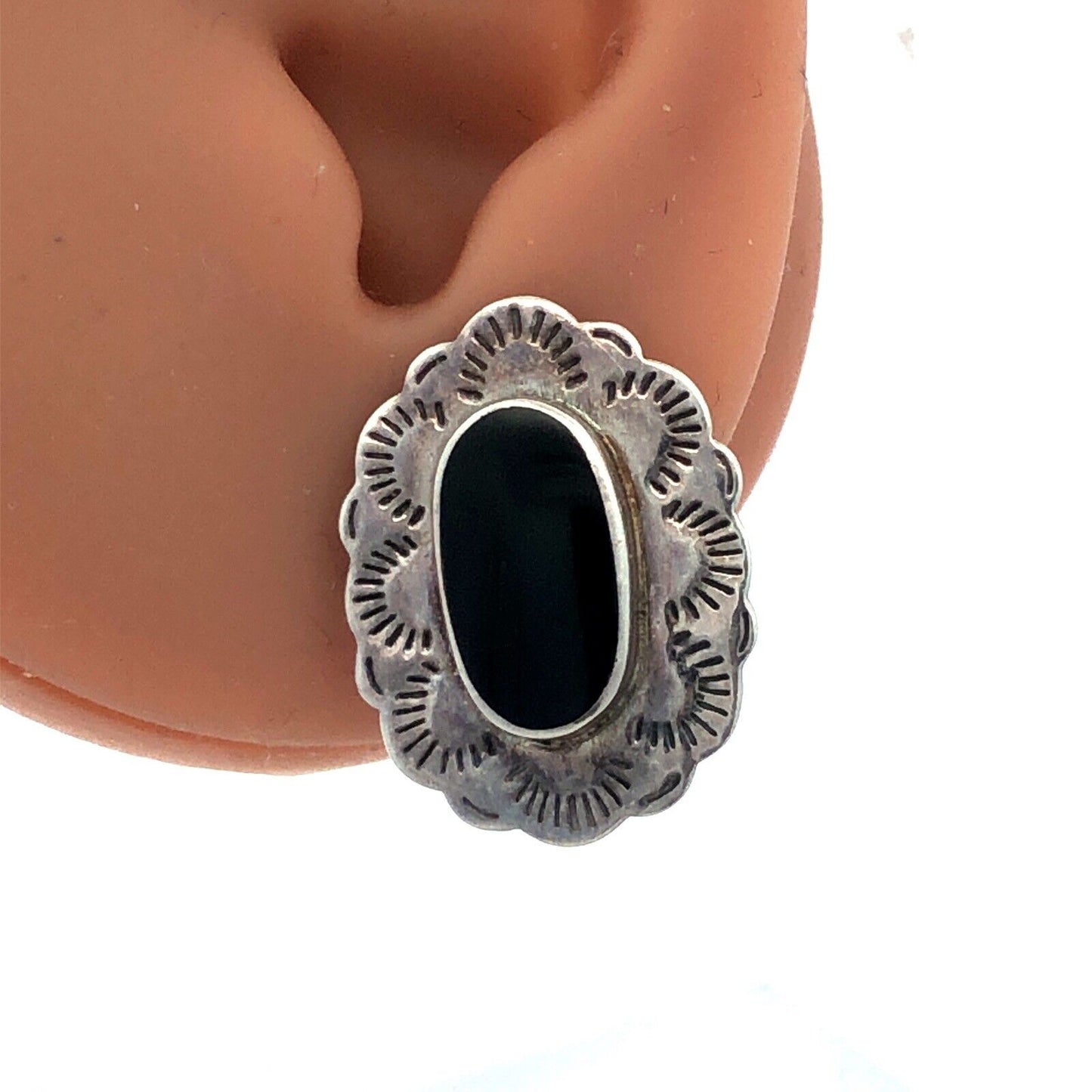 Native American Marked 925 Sterling Silver Oval Black Onyx Concho Stud Earrings