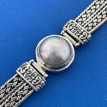 Designer Sterling Silver Mabe Pearl Cabochon Balinese Style Statement Bracelet