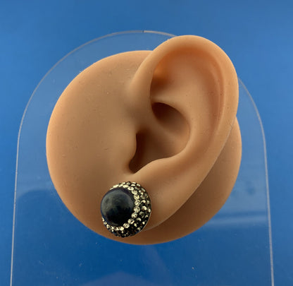 Retro Sterling Silver Lapis Lazuli Cubic Zirconia Marcasite Button Stud Earrings