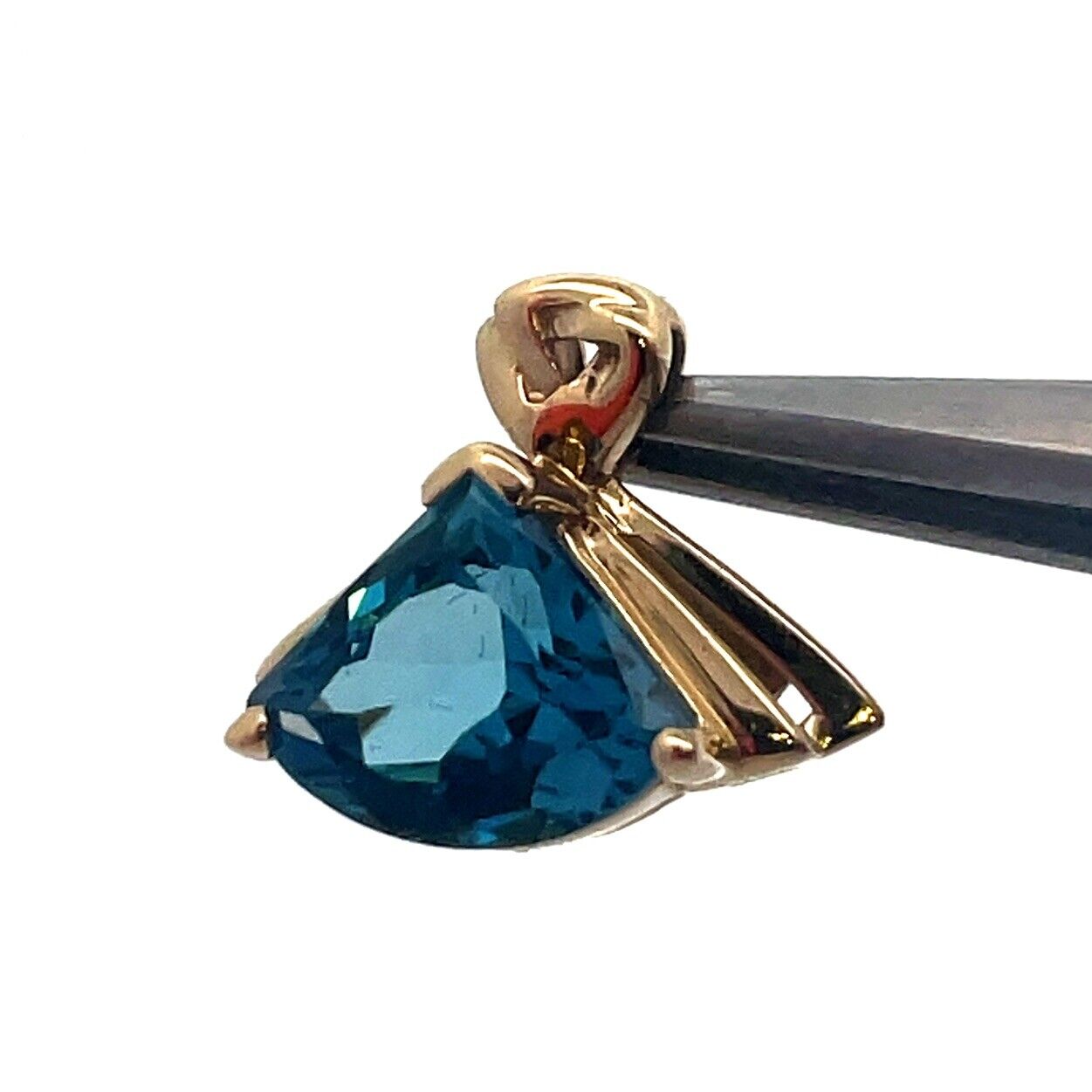 Designer 14K Yellow Gold Trillion Cut London Blue Topaz Statement Drop Pendant